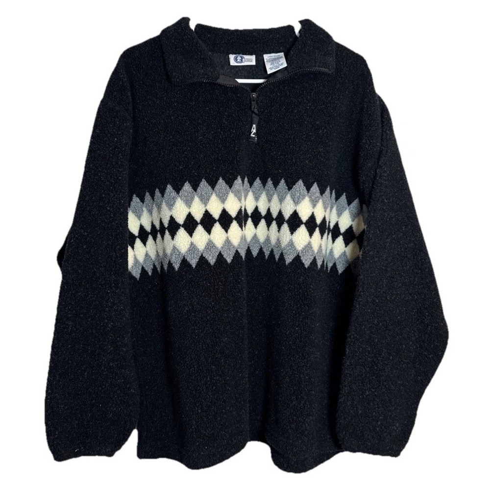 Arizona Jean Co Sherpa Men's‎ Fleece Pullover Large Black Argyle 1/4 Zip USA